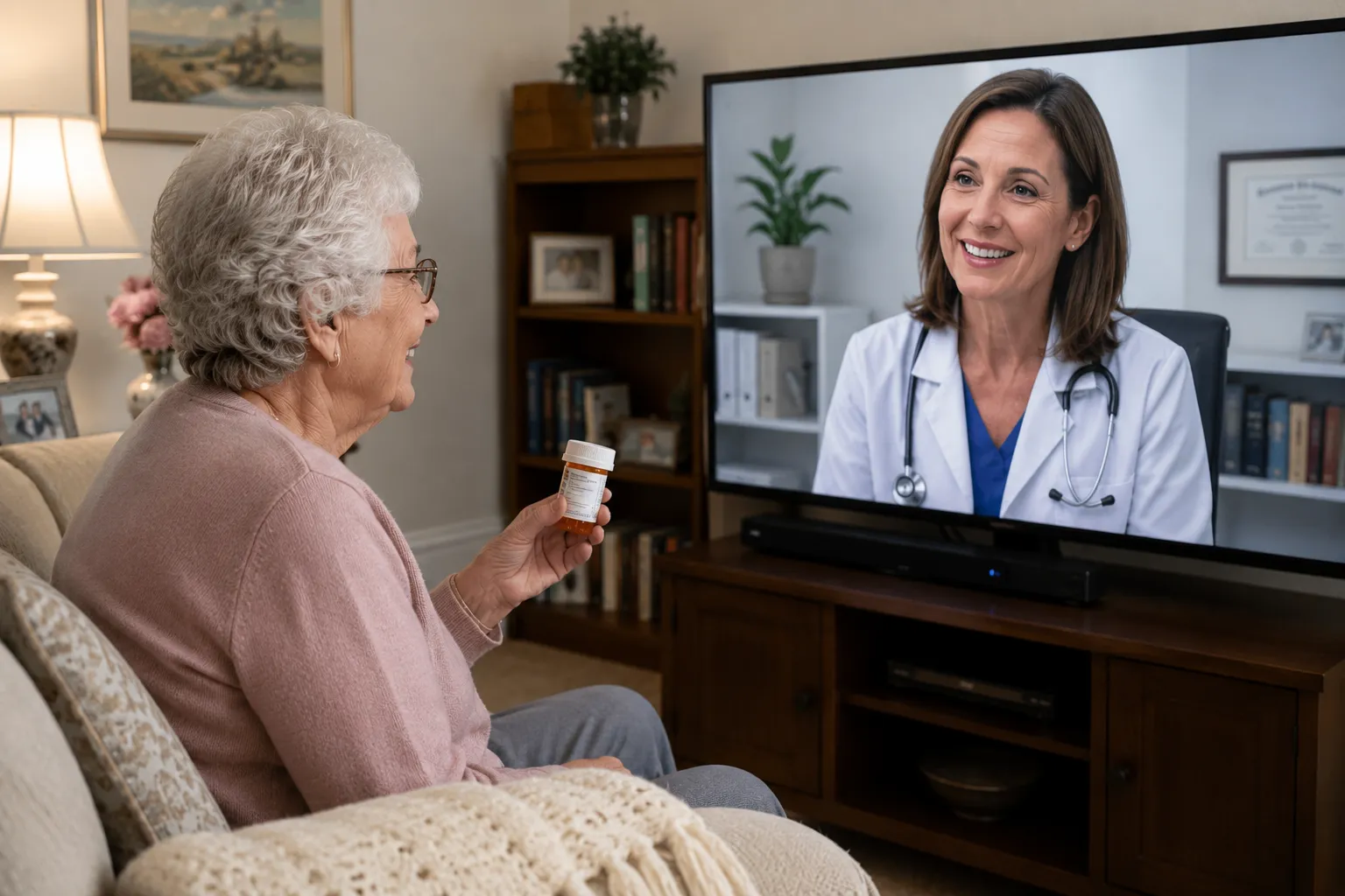 Senior resident speaking with a clinician through a TV screen
